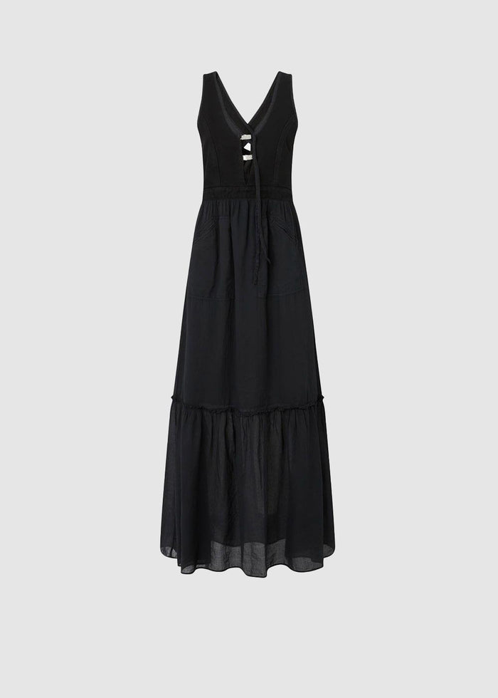 Vestito lungo smanicato in cotone con scollo-1