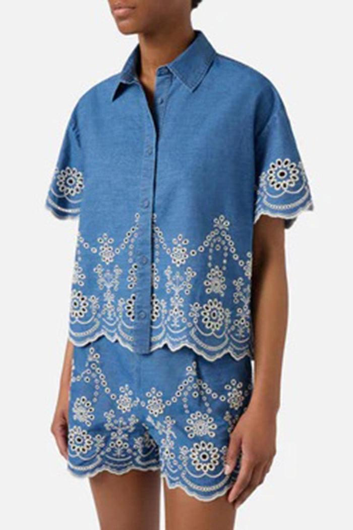 Camicia Clementine a maniche corte in chambray con ricamo floreale-2