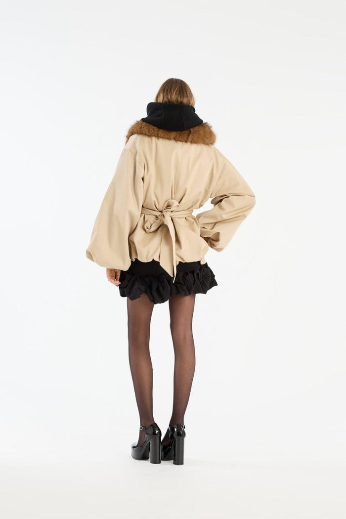 Giacca con collo in pelliccia sintetica beige-5