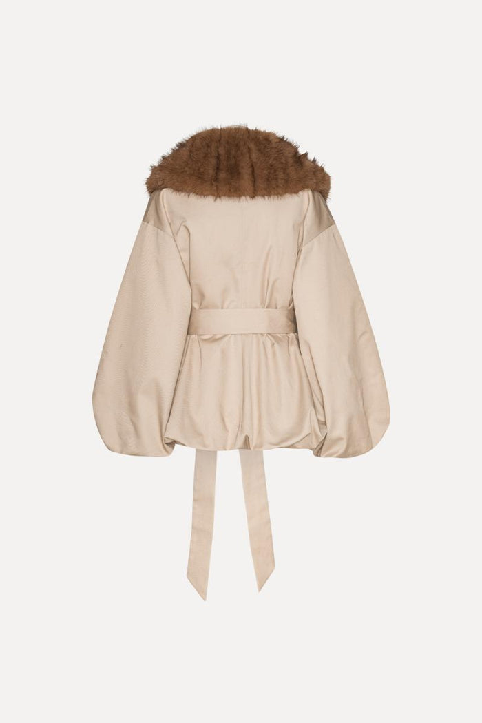 Giacca con collo in pelliccia sintetica beige-2