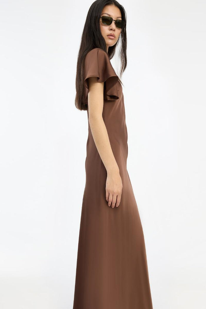 Abito in raso con maniche fluide marrone scuro-6