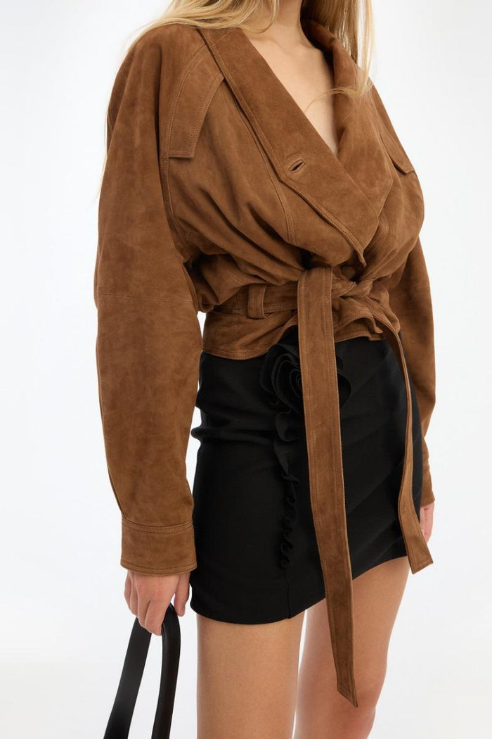 Giacca bomber in pelle scamosciata marrone-3