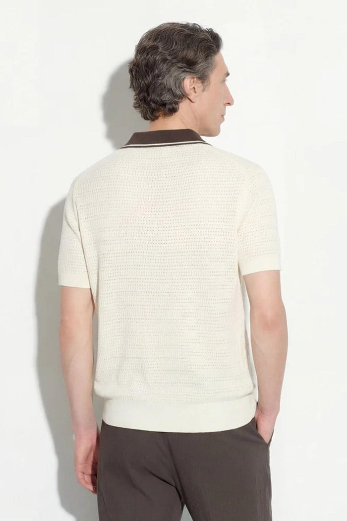 Maglia polo in seta a punto diagonale con dettagli a contrasto panna<BR/><BR/>-3