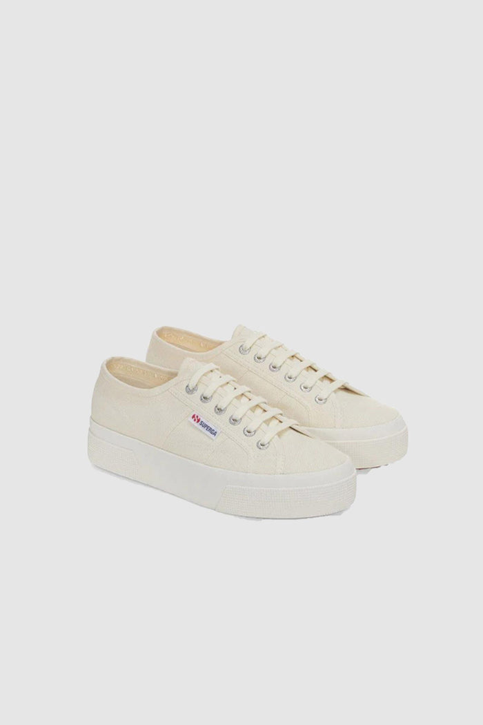 Sneakers unisex beige con plateau e tomaia in cotone-3