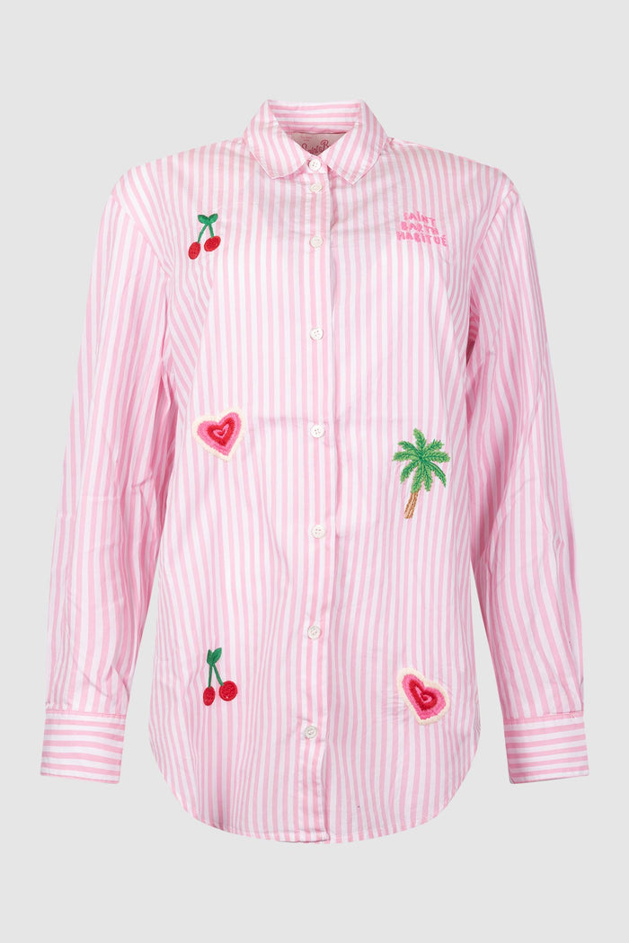 Camicia a Righe Rosa con Ricami