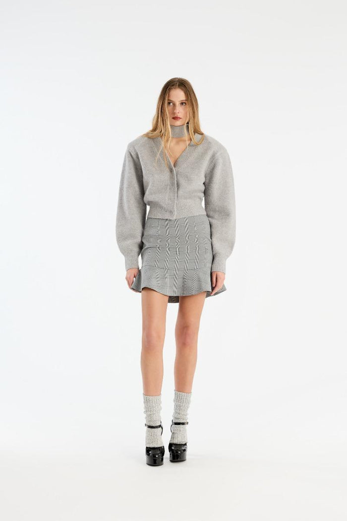Cardigan con sciarpa in maglia grigio chiaro-5