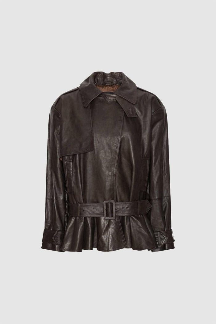 <BR/>Giacca di pelle da motociclista marrone scuro<BR/>