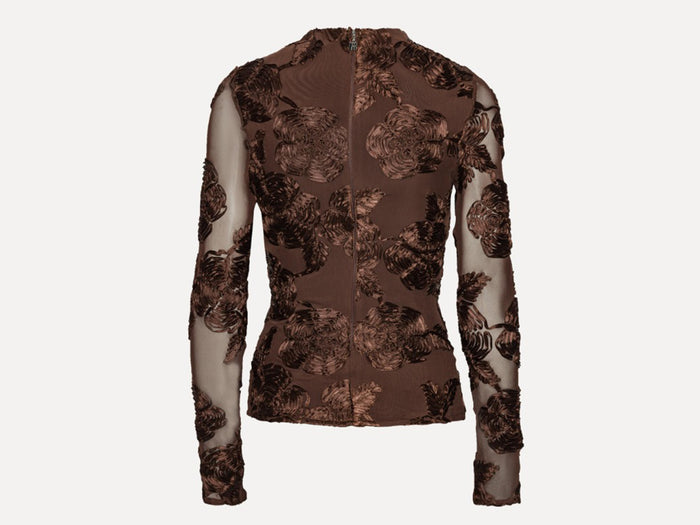Top a maniche lunghe in rete floreale marrone scuro-2