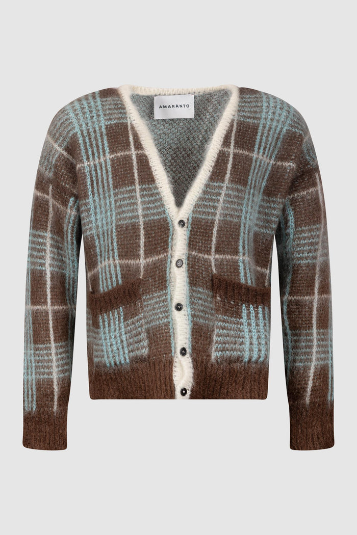 Cardigan in Lana Spazzolata con Motivo a Quadri