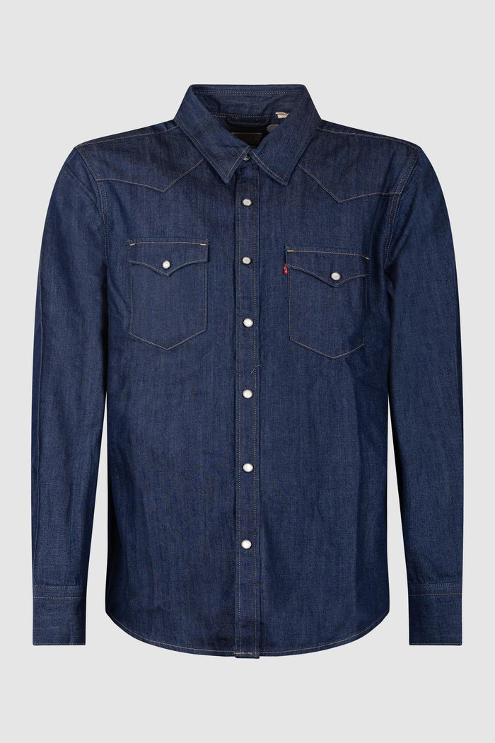 Camicia in denim blu con bottoni a pressione e tasche sul petto