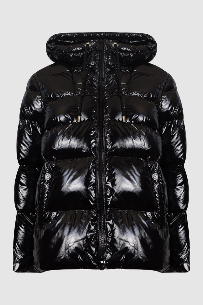 Piumino Lucido Nero con Cappuccio