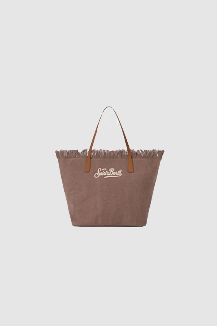 Borsa City regular in canvas marrone con frange