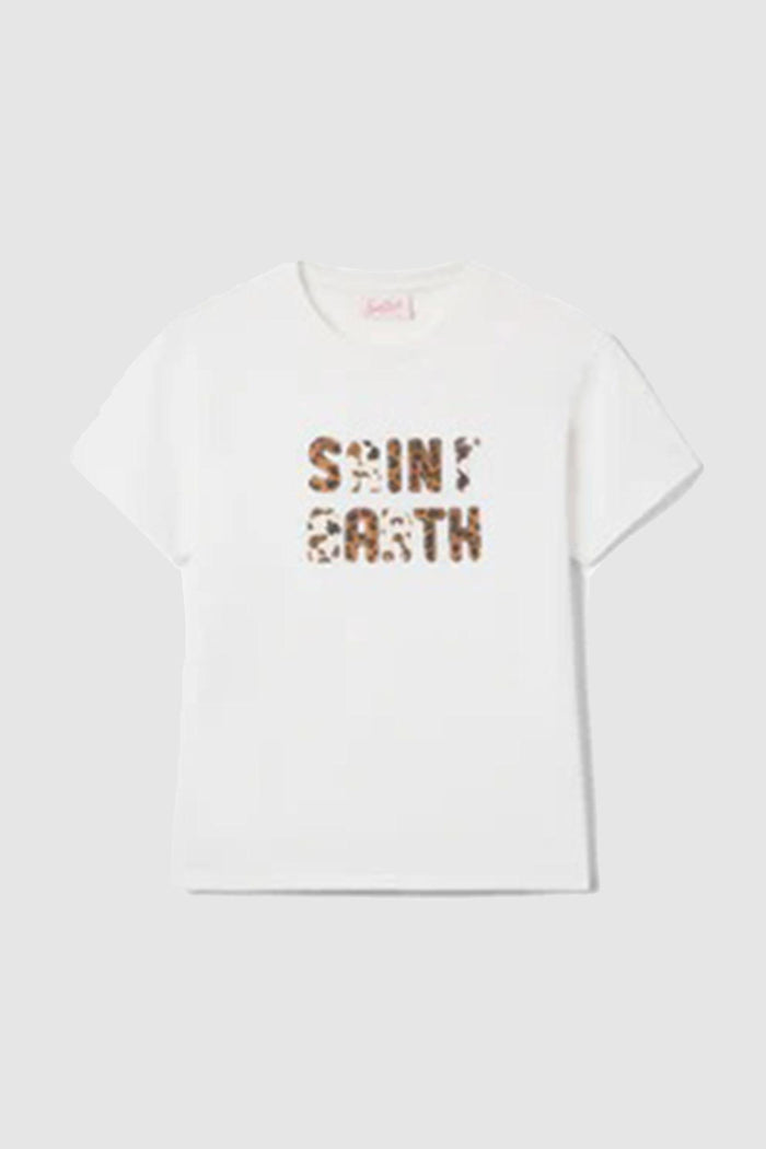 T-shirt Emilie bianca con patch logo animalier ricamata