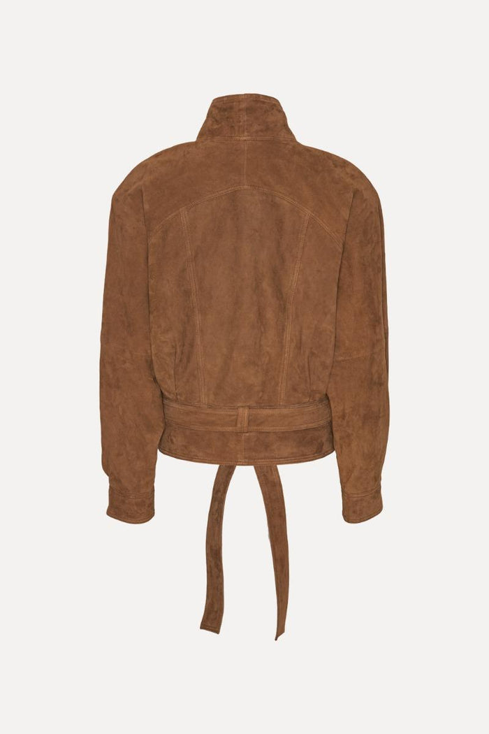 Giubbotto bomber in pelle scamosciata marrone-2