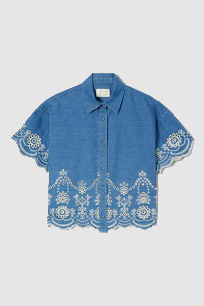 Camicia Clementine a maniche corte in chambray con ricamo floreale