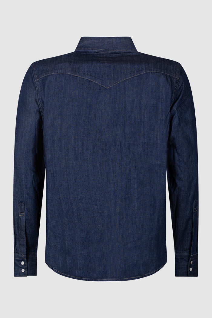 Camicia in denim blu con bottoni a pressione e tasche sul petto-2