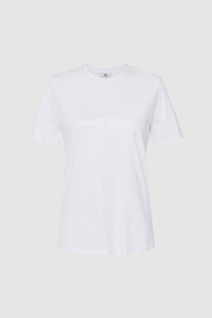 T-shirt in jersey con logo ricamato e strass