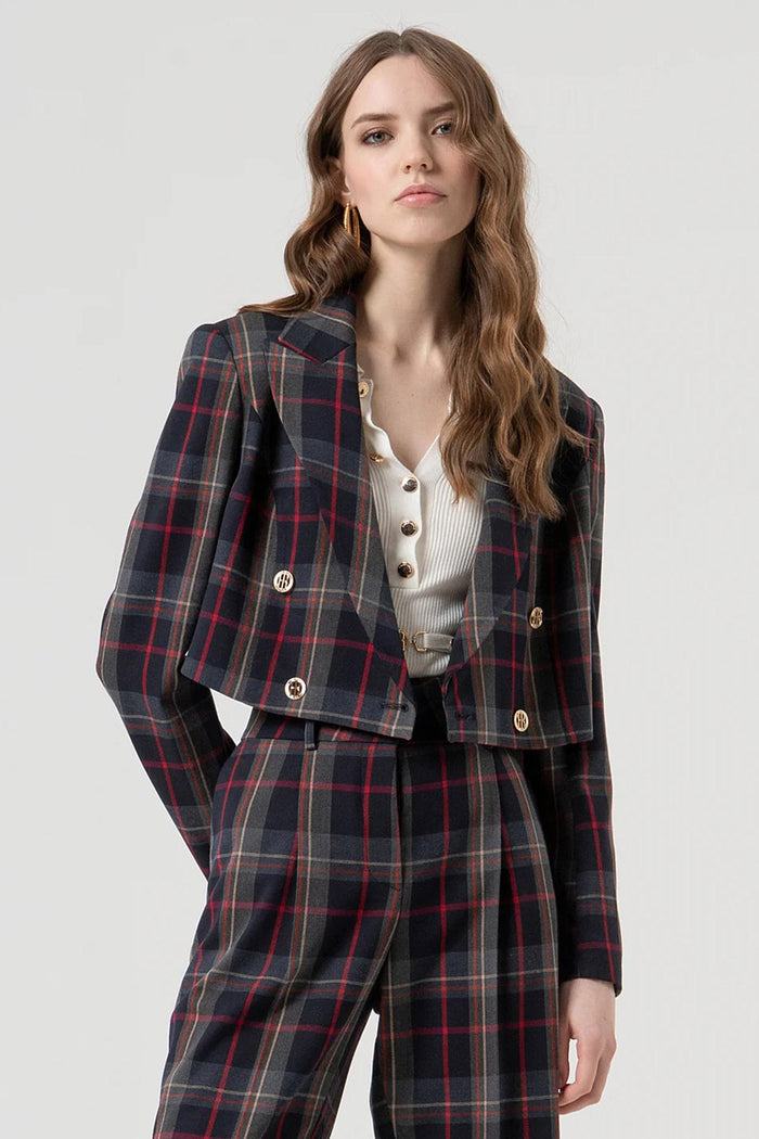 Blazer cropped doppiopetto in fantasia tartan