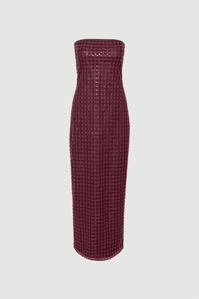 Abito lungo tubolare con perline Bordeaux