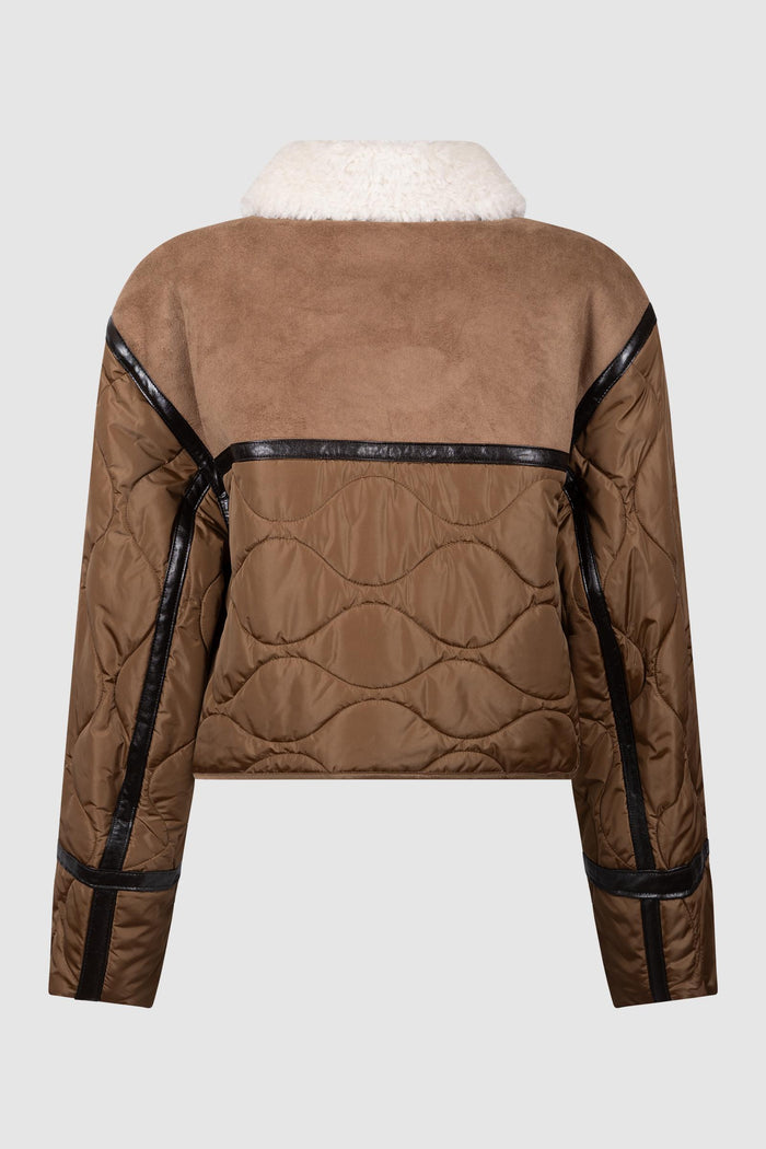 Giacca crop in effetto suede e tessuto tecnico - Cammello-2