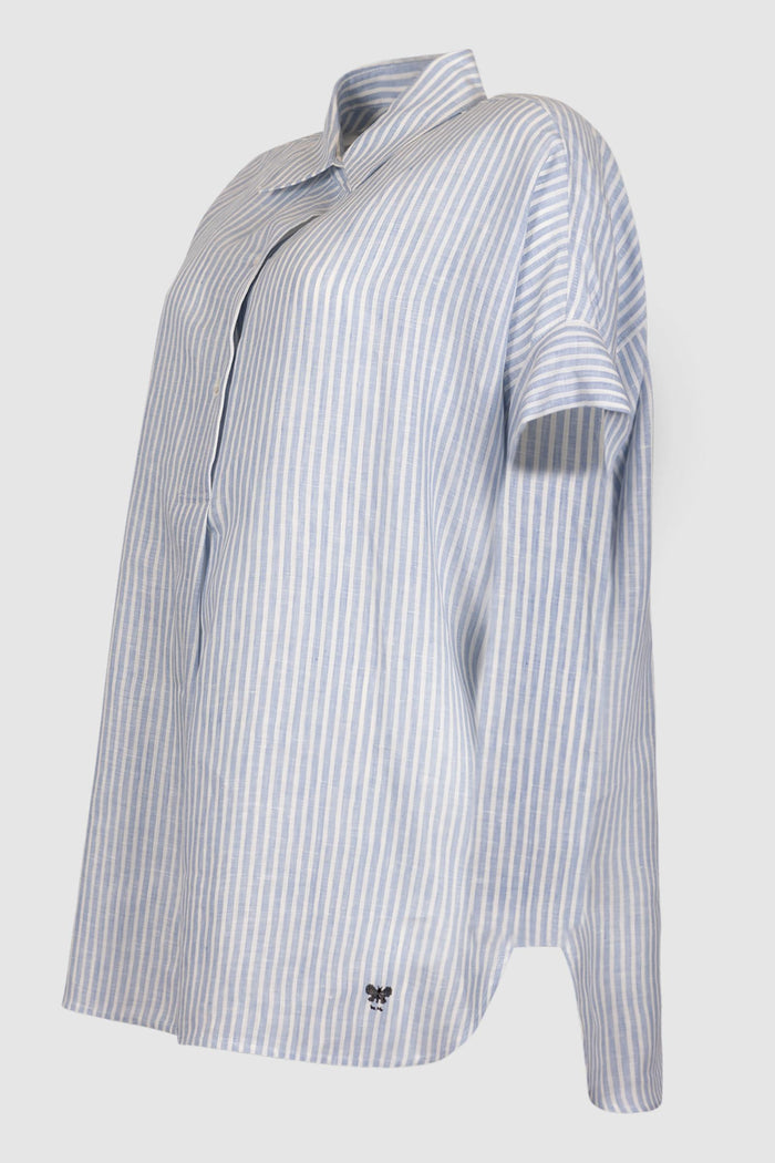 Camicia in tela di lino stampata - Azzurro-2