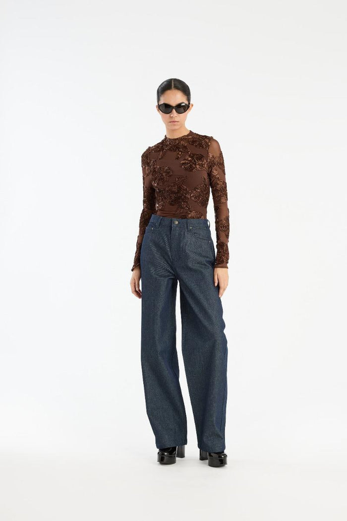 Top a maniche lunghe in rete floreale marrone scuro-5