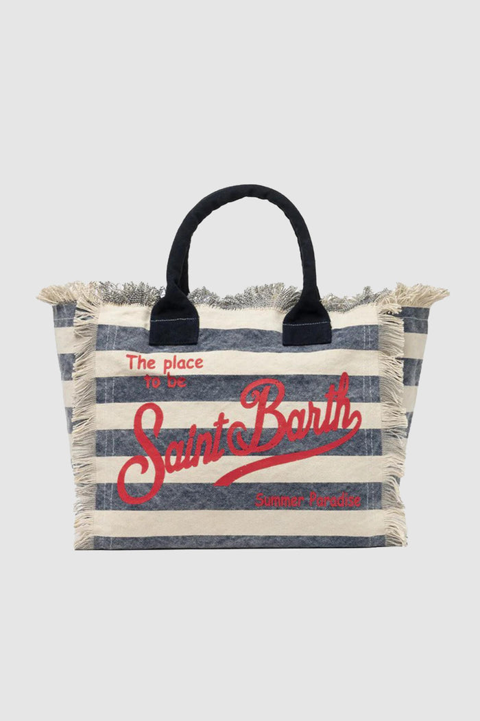 Vanity borsa tote in tela di cotone a righe blu-1