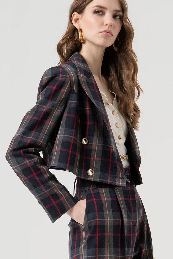 Blazer cropped doppiopetto in fantasia tartan-2