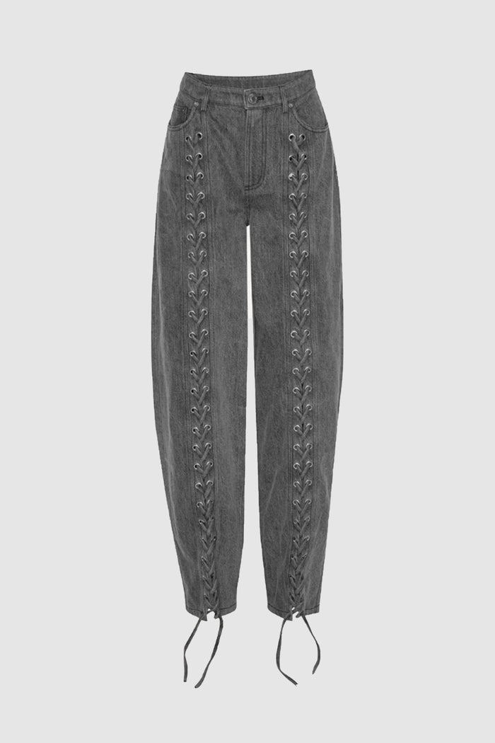 Pantaloni in denim con lacci sulle gambe grigio scuro-1